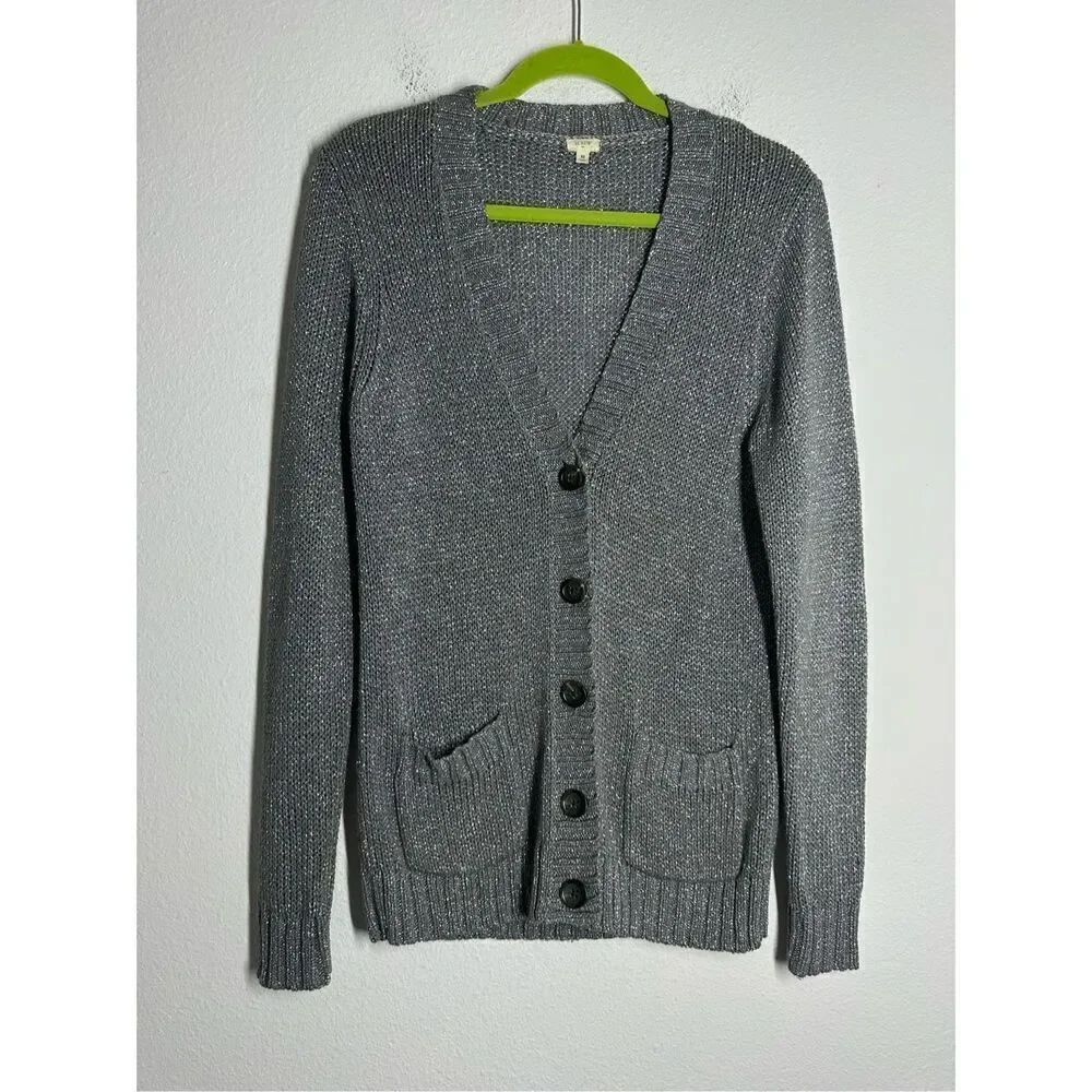J.Crew Metallic Silver Knit Sweater Cardigan Shiny Glam Pockets V Neck Sz M